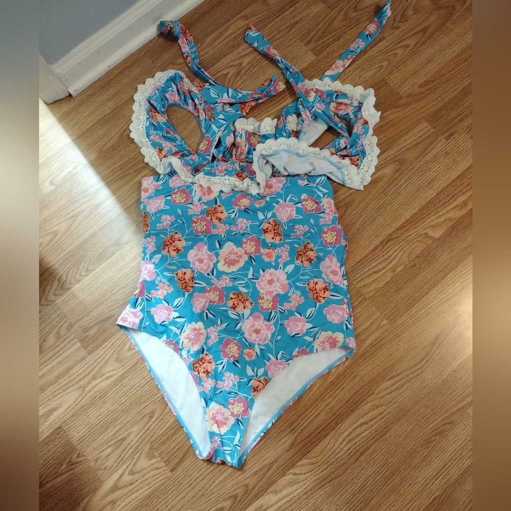 Flowered off the shoulder one piece swimsuit